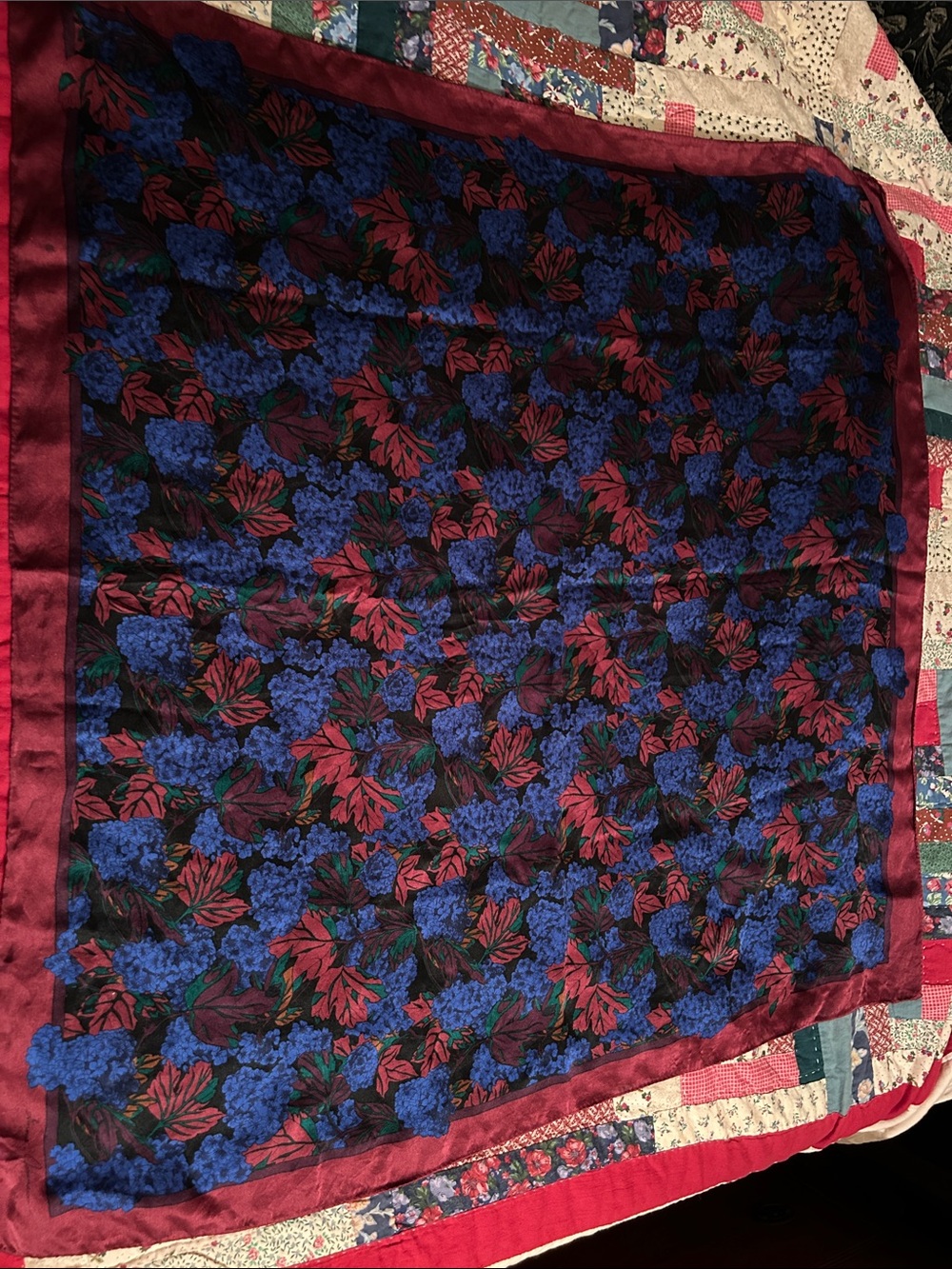 Ginnie Johansen vintage silk Scarf Burgundy Flowers w Blue Background 34”x34”
